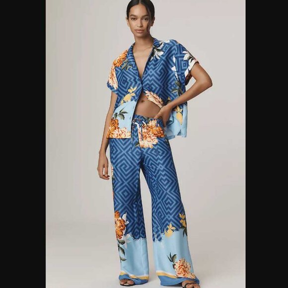 New XST Maeve x Anthropologie straight-leg pull on silk pants in blue floral